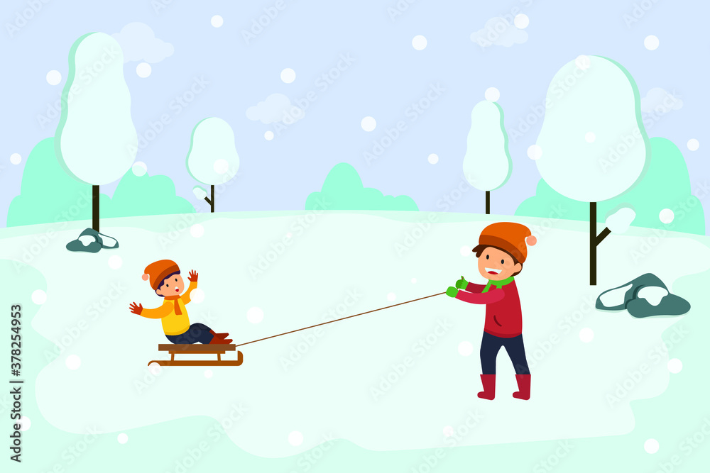 Winter vector concept: Two little boys playing with sleigh together in the snowy park 