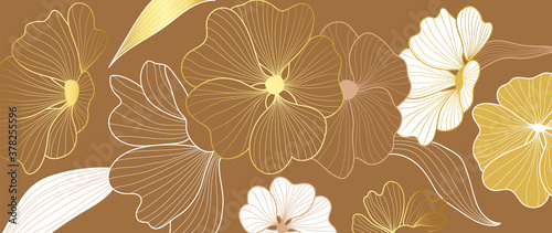 luxury gold floral line art wallpaper vector. Exotic botanical background, Lily flower vintage boho style for textiles, wall art, fabric, wedding invitation, cover design Vector illustration.