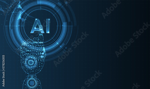 Artificial intelligence and robot hand in humanoid head with neural network thinks. Digital is learning processing big data. Technology and engineering concept. vector design.
