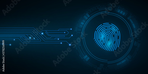High-tech fingerprint for computer system security with HUD interface elements. Scan for padlock. Computer circuit board. Abstract blue cyber circle. Vector illustration.