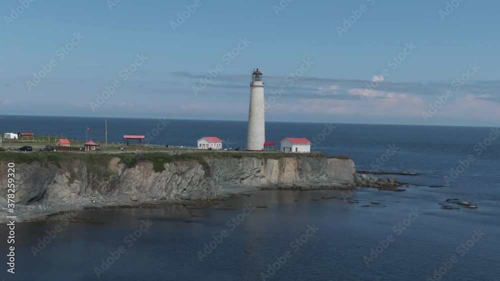 Tallest Lighthouse Against The Blue Sky - Cap-des-Rosiers Lighthouse In Gaspe Peninsula Surrounded By The Saint Lawrence River In Quebec, Canada. National Historic Site Of Canada. - aerial Tallest Lighthouse Against The Blue Sky - Cap-des-Rosiers Lighthouse In Gaspe Peninsula Surrounded By The Saint Lawrence River In Quebec, Canada. National Historic Site Of Canada. - aerial