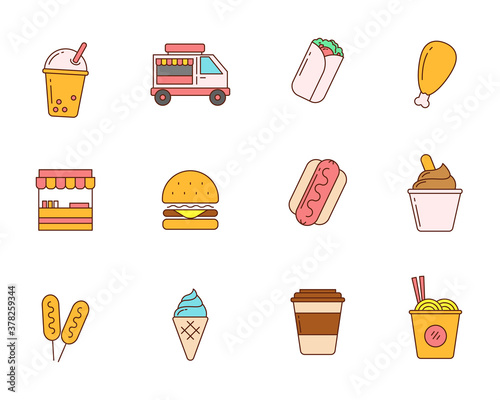Set of colorful linear street foods vector illustration such as fried chicken, burger and more. Street foods icon