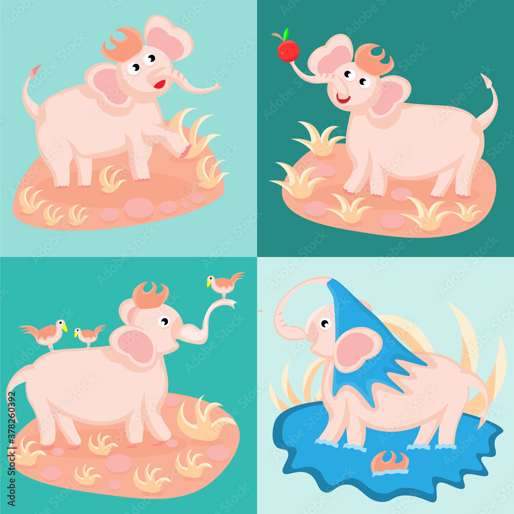 Four cute elephant characters. Cartoon pink elephant on blue background. vector based design.