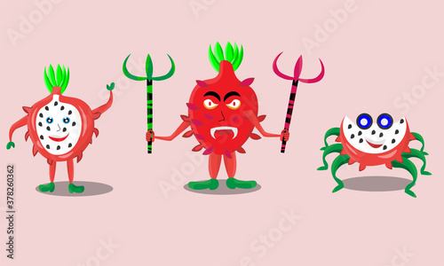 three cute fruit characters. Dragon fruit cartoon asset for children's learning.