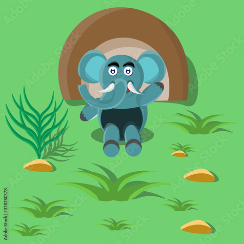 Cute cartoon elephant character. Elephant is blue on green background. Assets vector illustration.