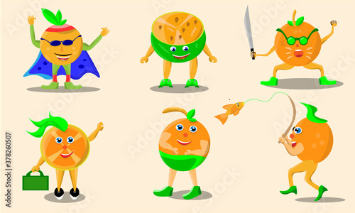 Six cute cartoon fruit characters. Orange fruit cartoon asset for child learning illustration. vector based image.