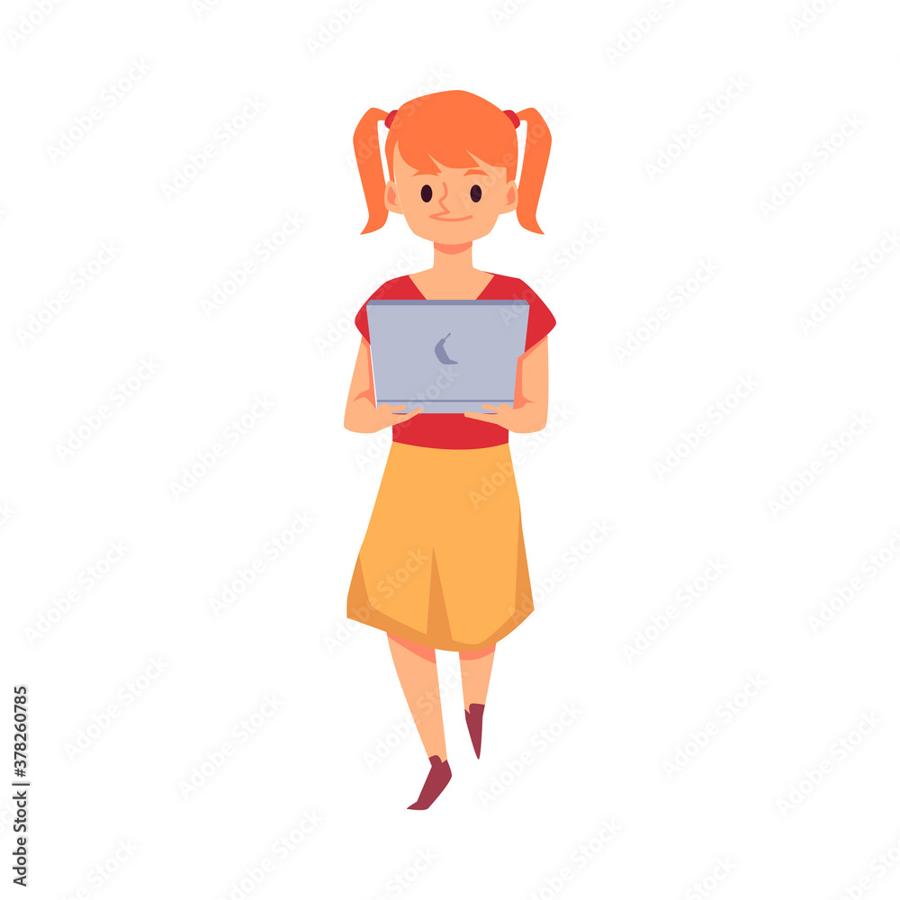 Cute little girl with her laptop, flat vector illustration isolated on white. Cute little girl with her laptop, flat vector illustration isolated on white.