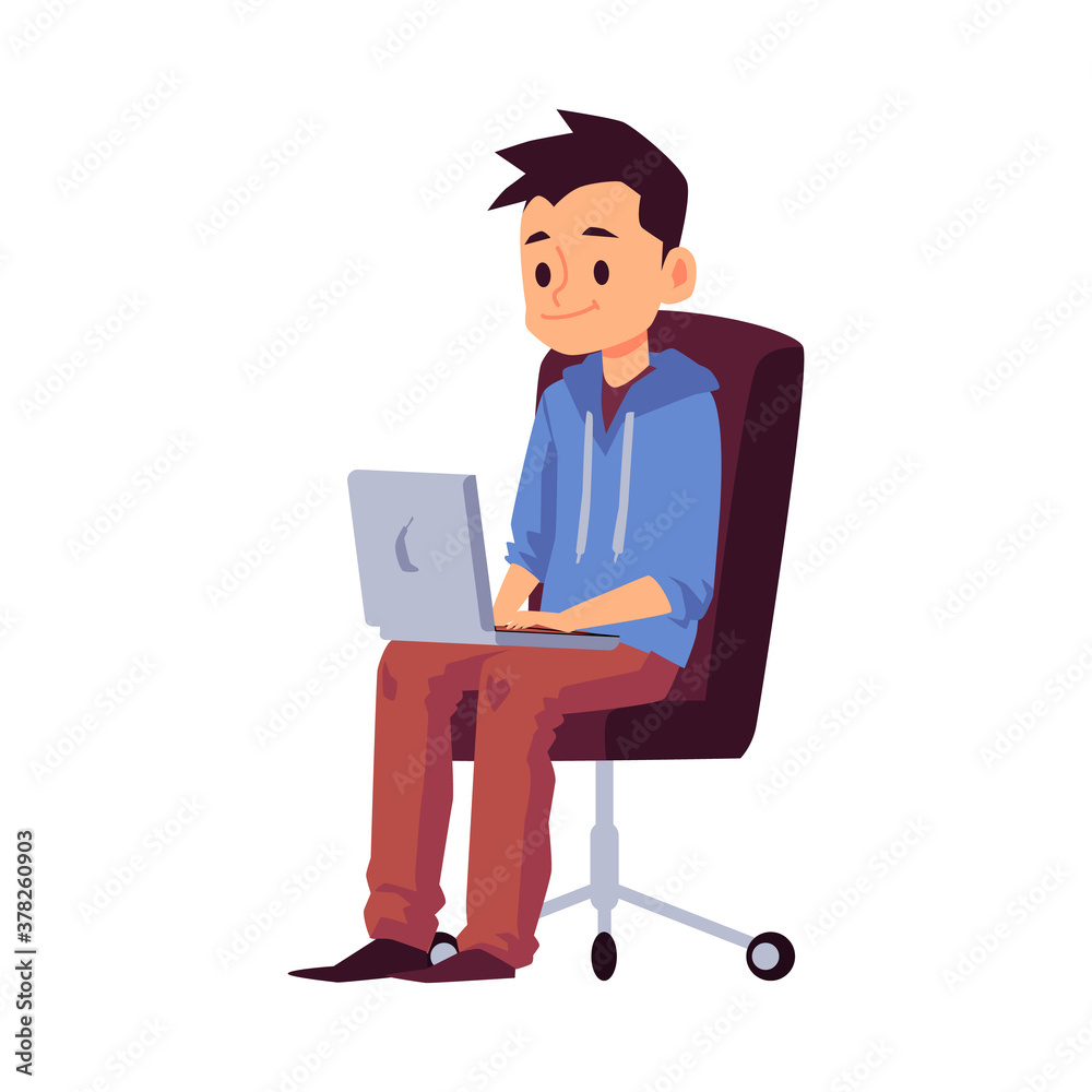 Child boy or teen using laptop flat cartoon vector illustration isolated. Child boy or teen using laptop flat cartoon vector illustration isolated.