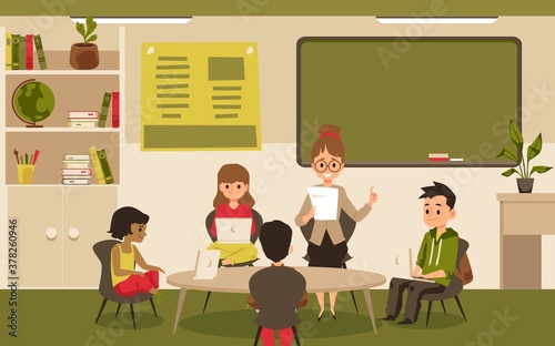 Children computer lesson with kids using laptops flat vector illustration.