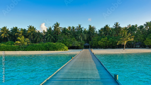 A wooden footpath goes over the ocean to the shore. There is a canopy on the sandy beach. Palm trees against the blue sky. Maldives.