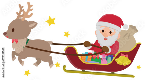 クリスマス　飛ぶサンタクロースとトナカイ　イラスト