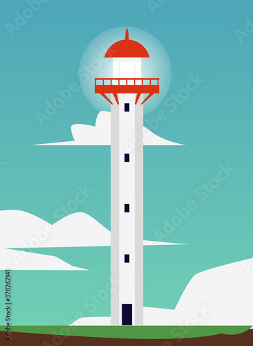 Nautical beacon or lighthouse on sunny sky background flat vector illustration.
