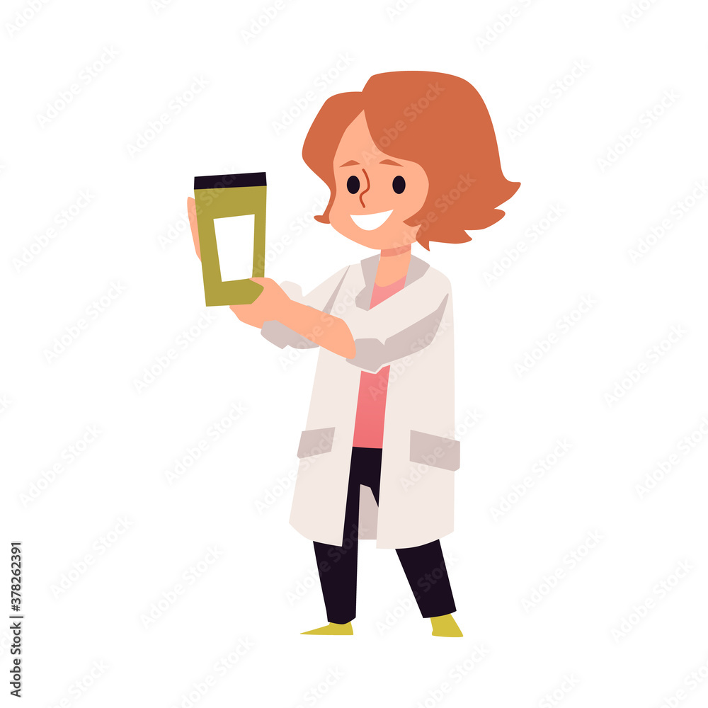 Funny little girl doctor with jar of drugs flat vector illustration isolated. Funny little girl doctor with jar of drugs flat vector illustration isolated.