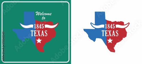 Colored illustration of shield, horn, text, Texas state map and star. Vector illustration of the emblem of the state of Texas in red, blue and white on a green background. Signboard Welcome to Texas. photo