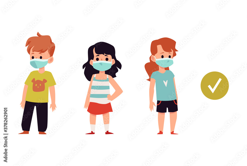Children in masks to prevent influenza spread flat vector illustration isolated. Children in masks to prevent influenza spread flat vector illustration isolated.