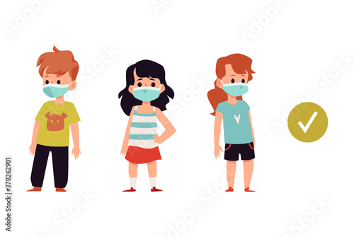 Children in masks to prevent influenza spread flat vector illustration isolated.