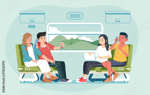 group of young men and women travelling by train sit facing each other and chat vector illustration