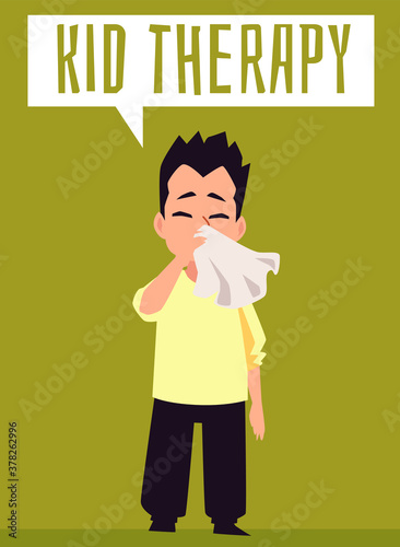 Kid therapy poster with little boy blowing his nose on napkin tissue.