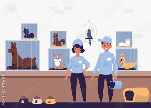 Animal adoption shelter banner with cartoon pets in cages