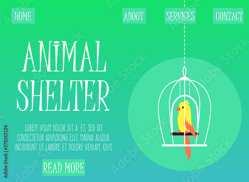 Web banner for animals shelter with parrot in cage, flat vector illustration.