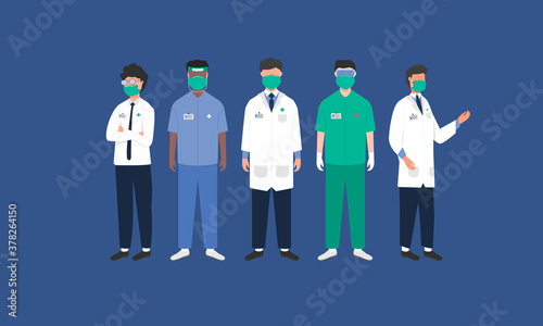 Graphic illustration about Doctor team and medical staff, wearing a face mask, vector. Flat design