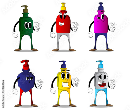 Cartoon bottle of hand sanitizer gel for hygiene with face saying no with his finger.