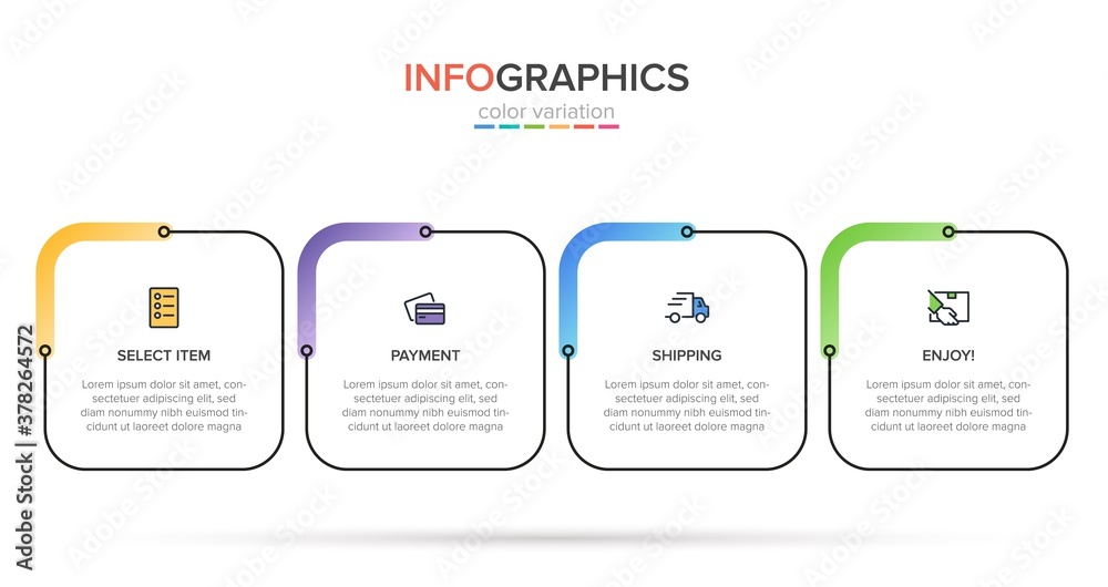 Fototapeta premium Concept of shopping process with 4 successive steps. Four colorful graphic elements. Timeline design for brochure, presentation, web site. Infographic design layout.