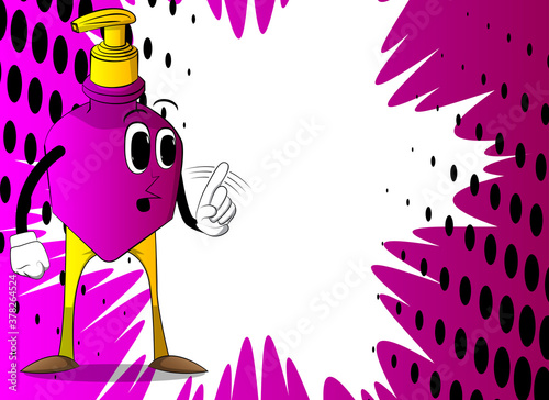 Cartoon bottle of hand sanitizer gel for hygiene with face saying no with his finger.