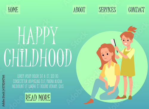 Happy childhood web banner with mother and daughter flat vector illustration.