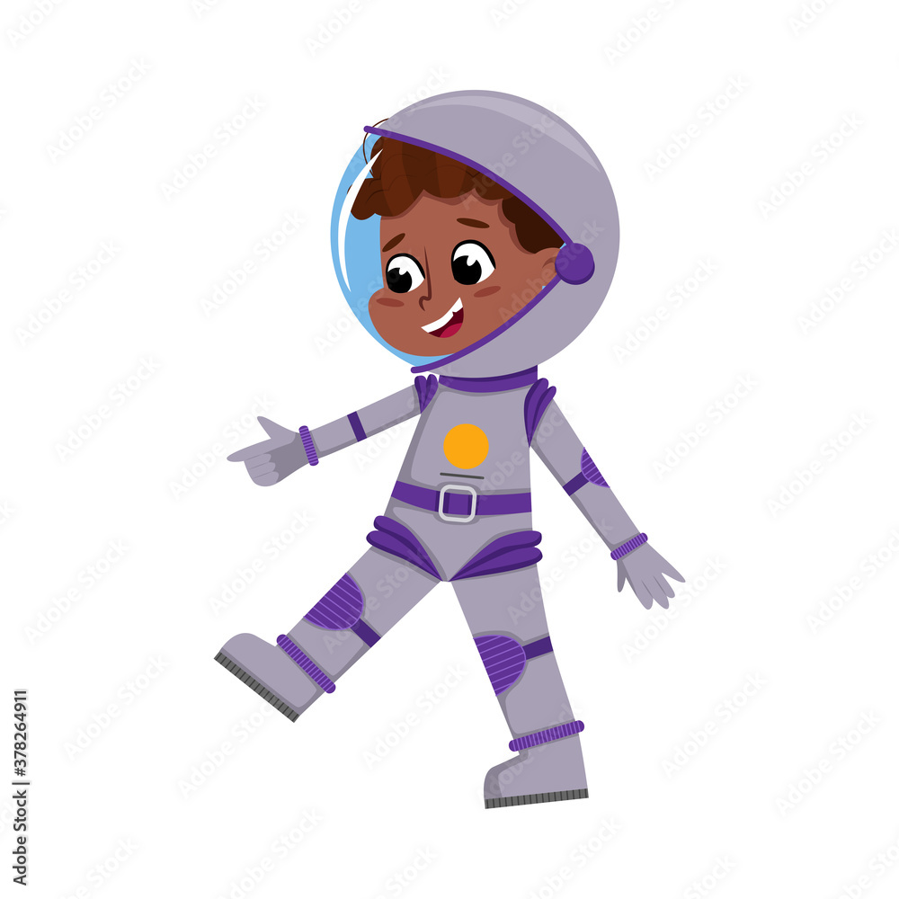 Cute Happy Kid Character in Outer Space Suit, Little Boy Dreaming of Becoming an Astronaut Cartoon Style Vector Illustration Cute Happy Kid Character in Outer Space Suit, Little Boy Dreaming of Becoming an Astronaut Cartoon Style Vector Illustration