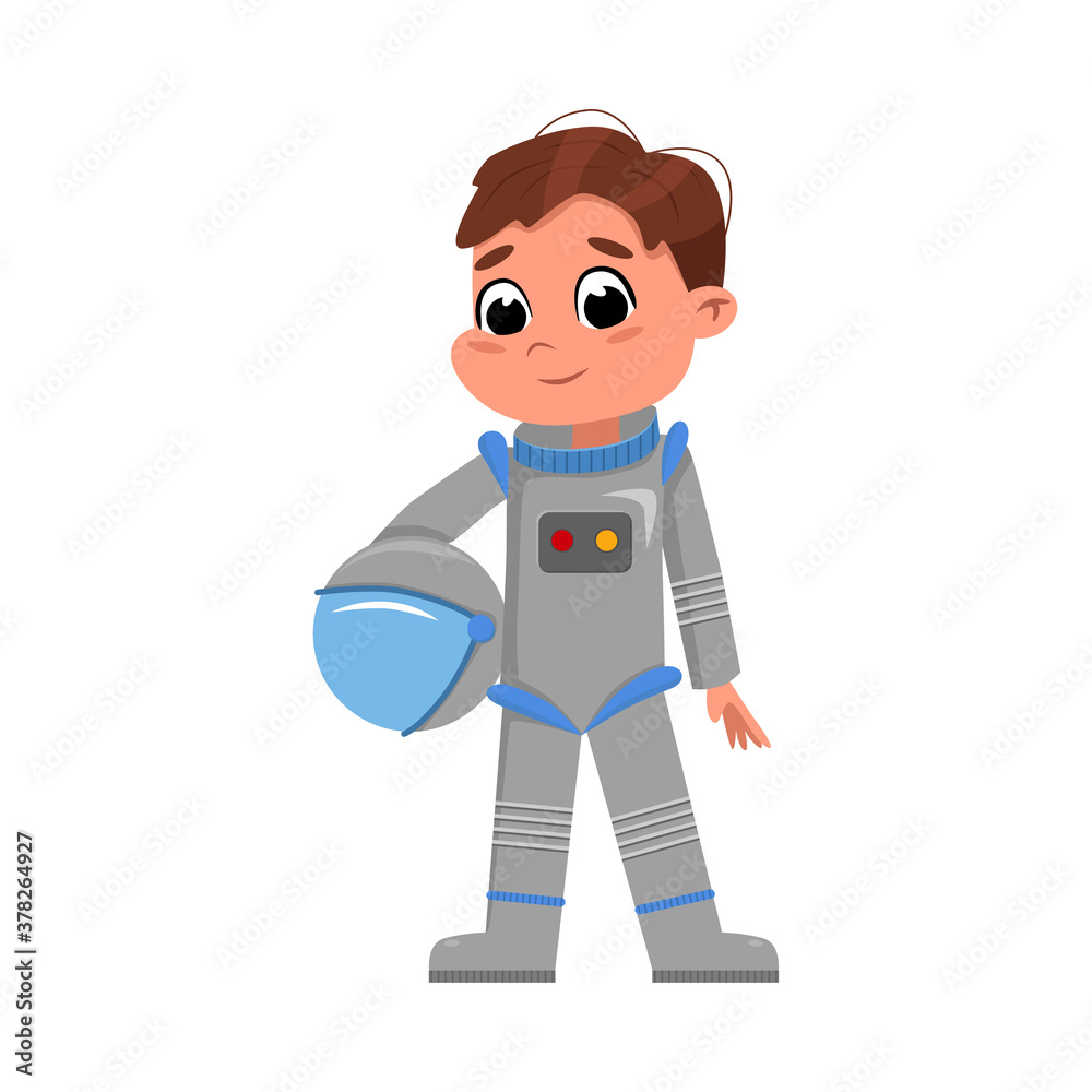 Cute Boy in Space Suit Standing with Helmet in his Hands, Kid Dreaming of Becoming an Astronaut Cartoon Style Vector Illustration Cute Boy in Space Suit Standing with Helmet in his Hands, Kid Dreaming of Becoming an Astronaut Cartoon Style Vector Illustration