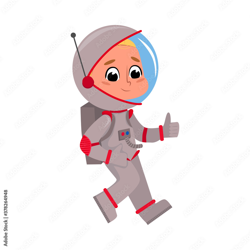 Child Astronaut Character in Outer Space Suit Showing Thumbs up, Boy Dreaming of Becoming an Astronaut Cartoon Style Vector Illustration Child Astronaut Character in Outer Space Suit Showing Thumbs up, Boy Dreaming of Becoming an Astronaut Cartoon Style Vector Illustration