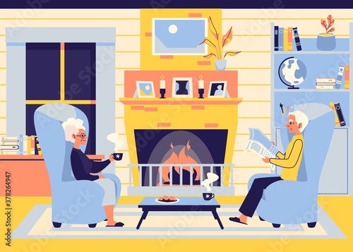 Elderly couple enjoying teatime in living room flat vector illustration.