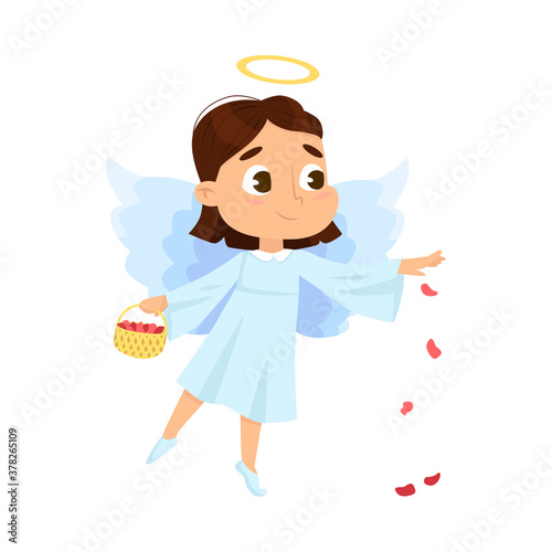Cute Baby Angel with Basket Full of Rose Petals, Angelic Girl with Wings and Halo Cartoon Style Vector Illustration