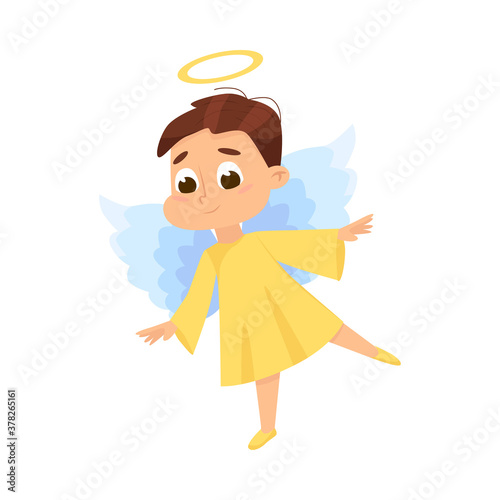 Cute Lovely Baby Angel, Angelic Boy Character with Wings and Halo Cartoon Style Vector Illustration