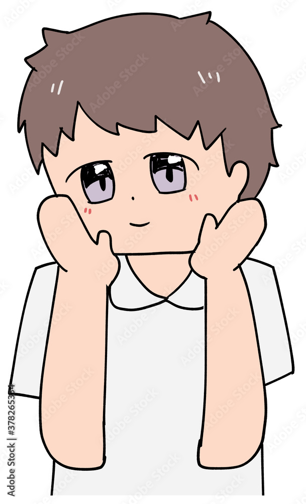 頬に手を当てる嬉しそうな茶髪の看護師 頬に手を当てる嬉しそうな茶髪の看護師