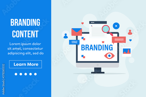 Branded content - digital branding - internet marketing and promotion. Website and email promotion, branding text on desktop screen. Web banner template with text.