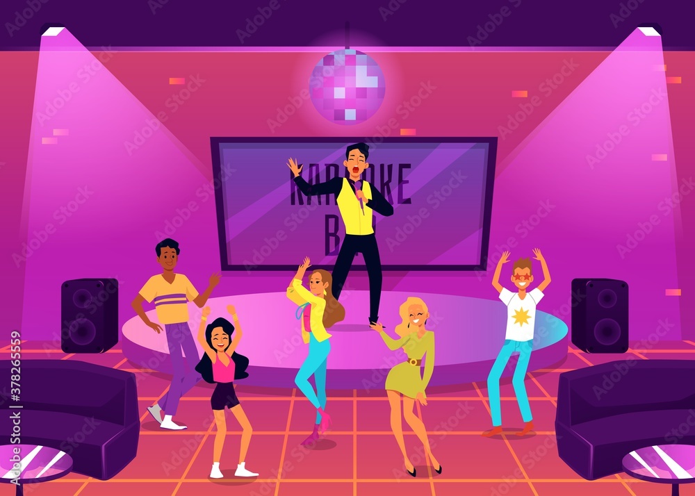 People having dance and music party in Karaoke bar flat vector illustration. People having dance and music party in Karaoke bar flat vector illustration.