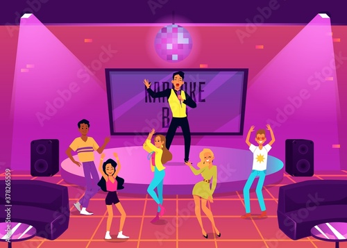 People having dance and music party in Karaoke bar flat vector illustration.