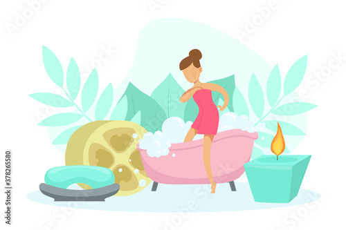 Young Woman Going to Take Bath Full of Soap Foam, Bath Time Concept Cartoon Style Vector Illustration