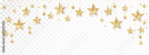 Holiday decoration, gold glitter border with stars. Festive vector background isolated on white. Golden garland, frame. For Christmas and New Year banners, headers, birthday cards.