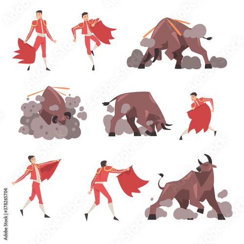Bullfighter and Attacking Bull Set, Toreador, Picador Character Dressed in Traditional Costume, Spanish Corrida Performance Cartoon Style Vector Illustration