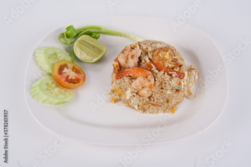 Asian food Shrimp fried rice with vegetable on white the background