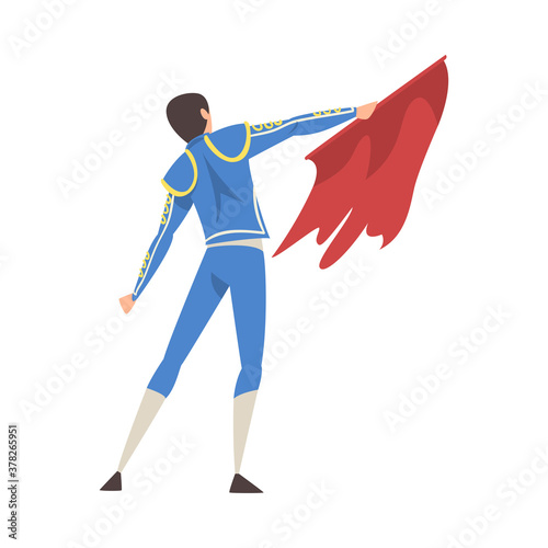 Bacl View of Bullfighter with Red Cape, Toreador Character Dressed in Traditional Costume, Spanish Corrida Performance Cartoon Style Vector Illustration