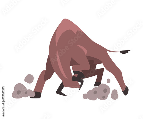 Angry Bull Attacking, Spanish Corrida Traditional Performance Cartoon Style Vector Illustration