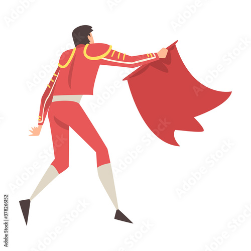 Rare View Man Bullfighter, Toreador Character Dressed in Red Costume, Spanish Bullfighting Traditional Performance Cartoon Style Vector Illustration