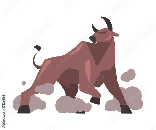 Angry Bull Attacking, Spanish Corrida Traditional Performance Cartoon Style Vector Illustration