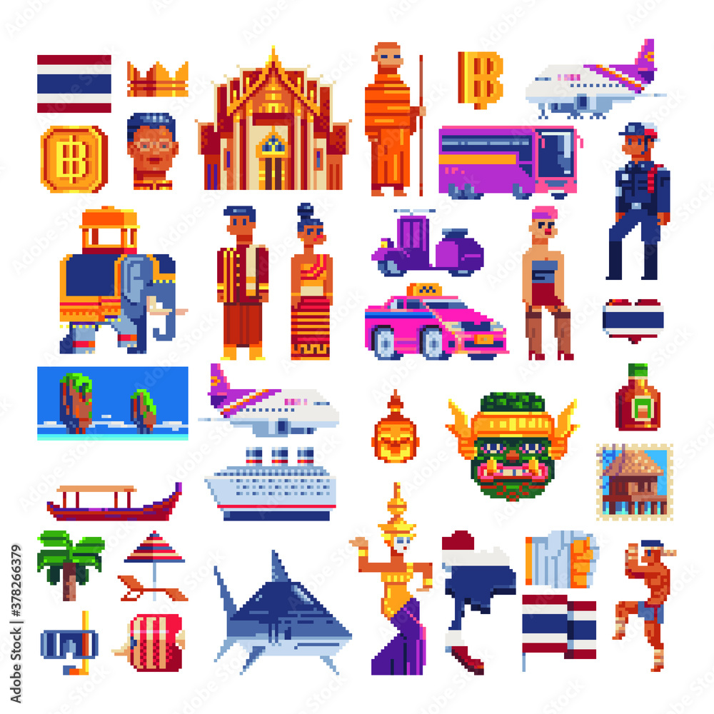 Travel to Thailand landmark pixel art icons set, national flag and Thai dancer, map, Ravana head mask, monk, Muay Thai fighter character isolated vector illustration. Design for stickers, logo, app. 