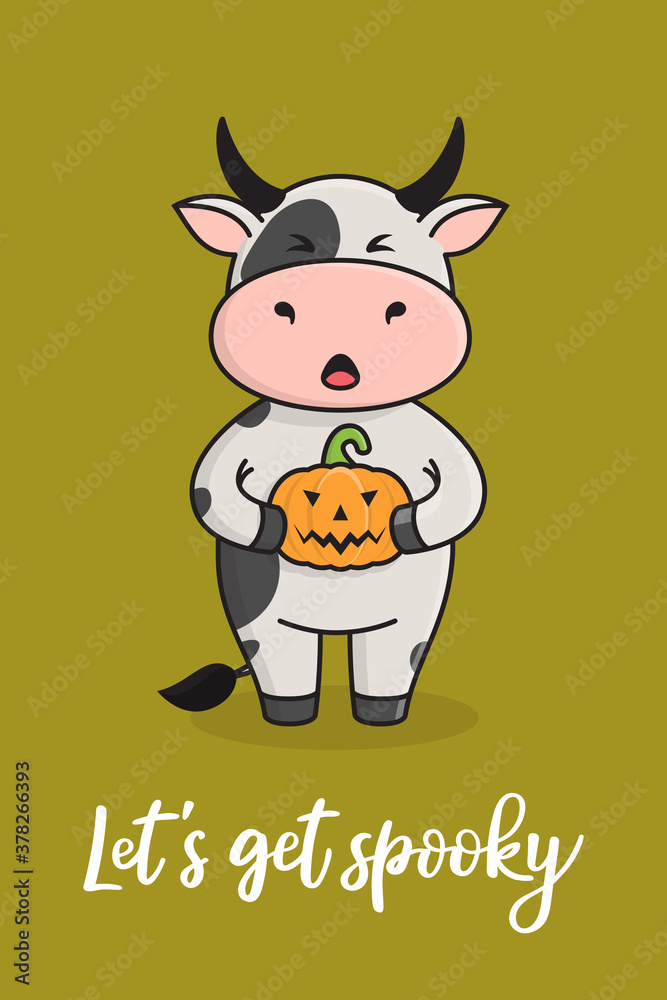 Fototapeta premium Cute Halloween greeting card with bull cow or ox, symbol of the year 2021 according to the Chinese calendar. Vector stock ready-to-print illustration for postcard, poster, template for social media.