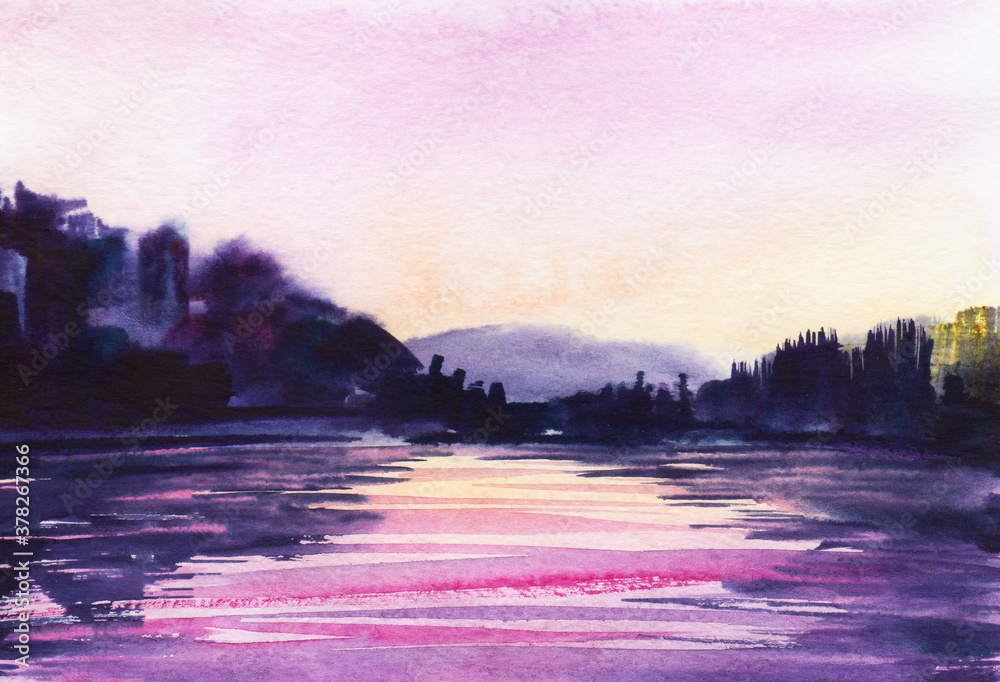 Picturesque watercolor landscape of peaceful lake coast in forest during beautiful sunset. Tender pink sky, glowing sunlight on water surface and blurred silhouettes of mountains create romantic mood